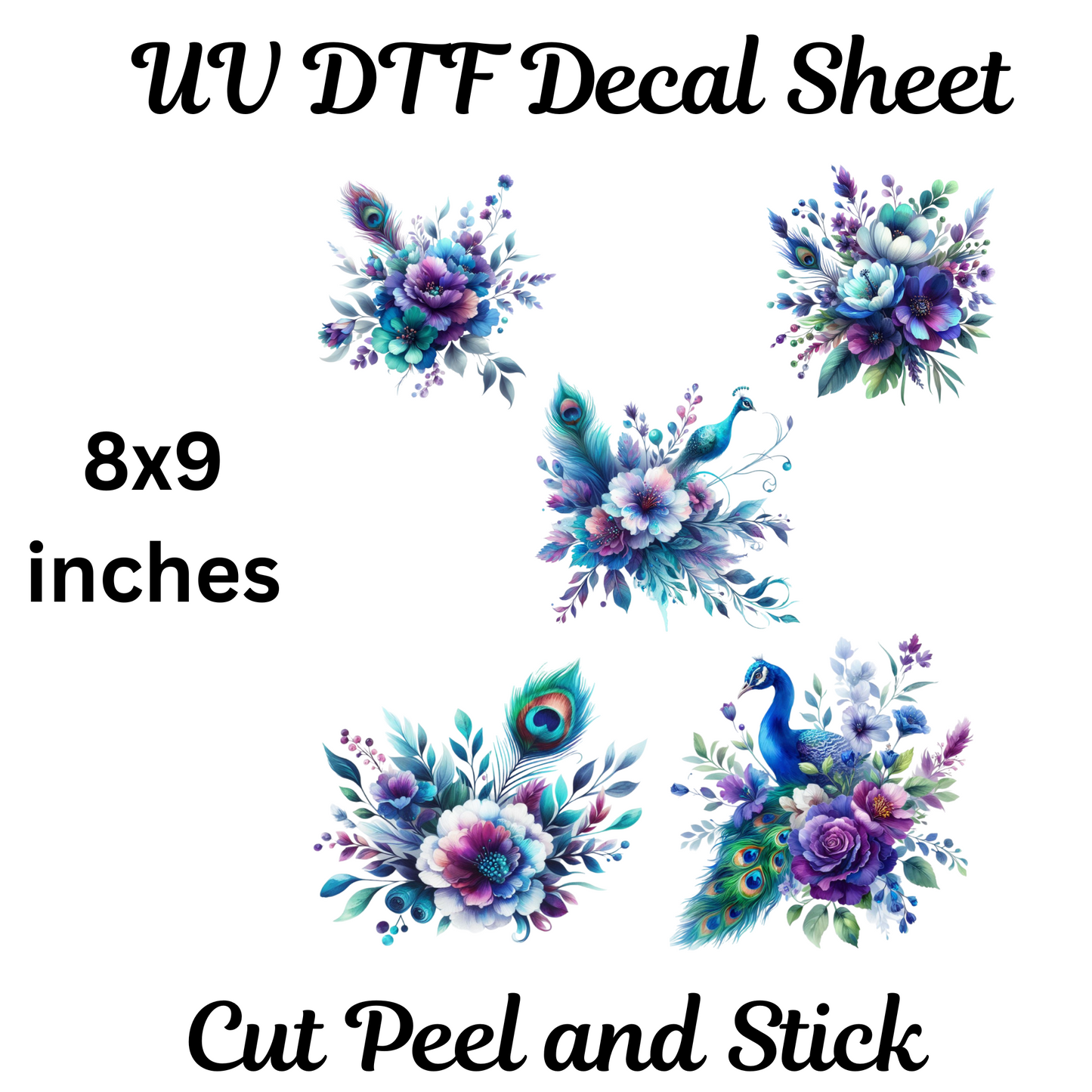 Peacock Flowers UV DTF Decal Sheet (8x9 inches)