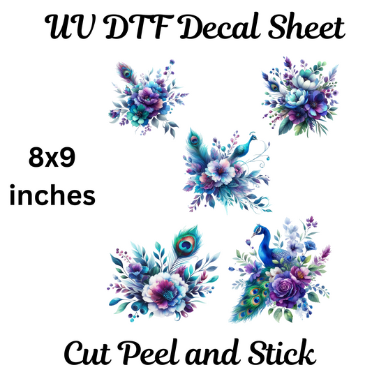 Peacock Flowers UV DTF Decal Sheet (8x9 inches)