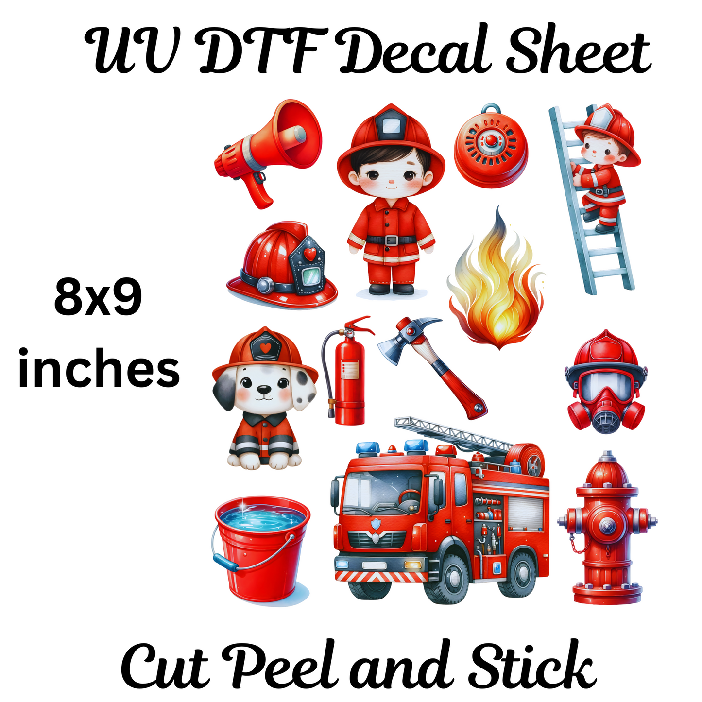 Little Fireman UV DTF Decal Sticker Sheet 8x9 inches