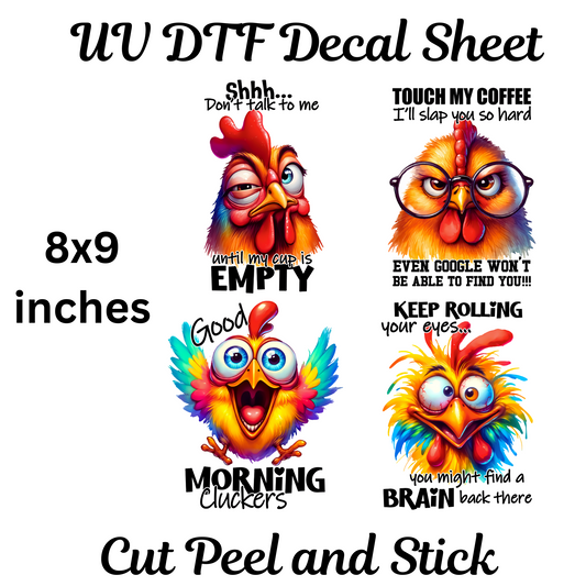 Crazy Chickens UV DTF Decal Sheet 8x9 inches