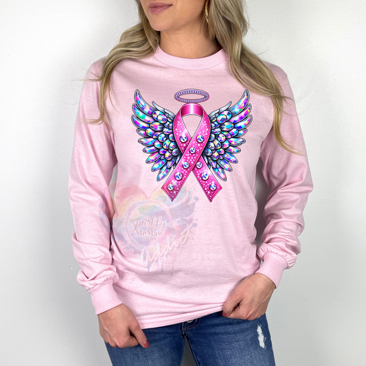 Angel Wings Pink Ribbon Ready to Press DTF Transfer (Fabrics only)