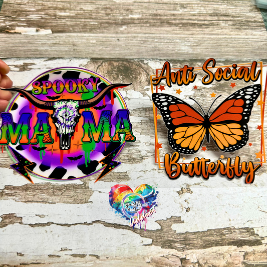 Spooky Mama & Anti Social Butterly UV DTF Decal Sheet 9.7 x 4.3 inches (2 decals)