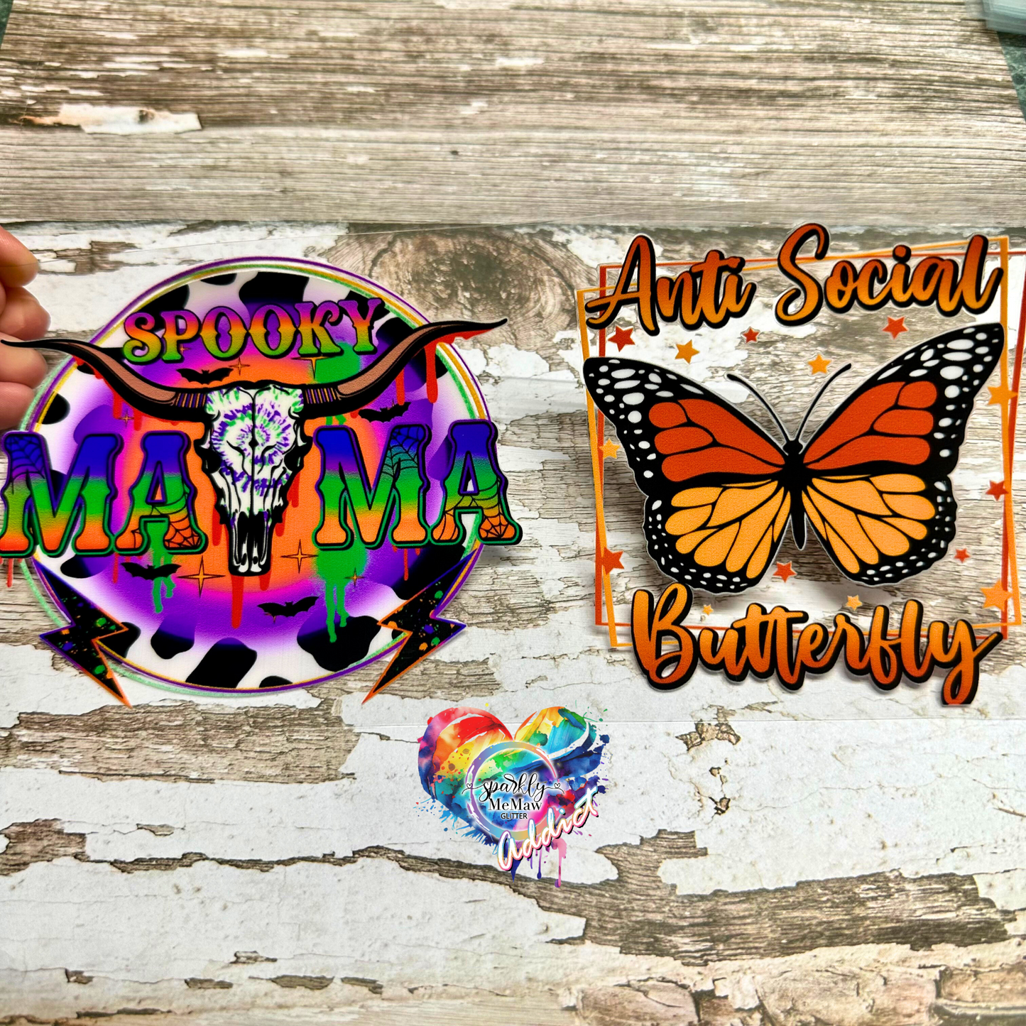 Spooky Mama & Anti Social Butterly UV DTF Decal Sheet 9.7 x 4.3 inches (2 decals)