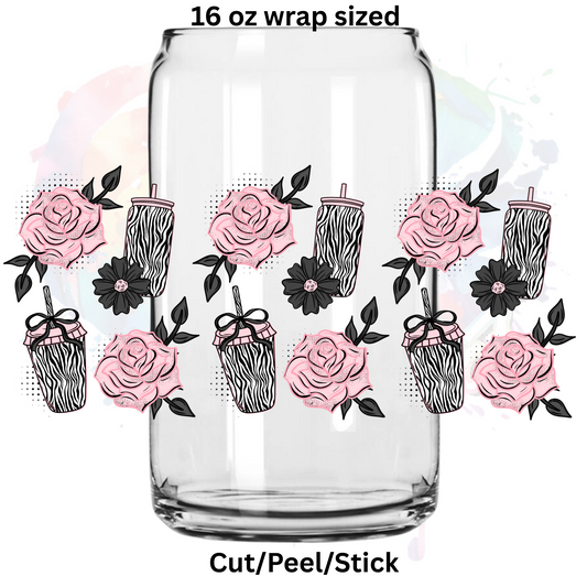 Zebra Cups and flowers UV  DTF 16 Oz wrap