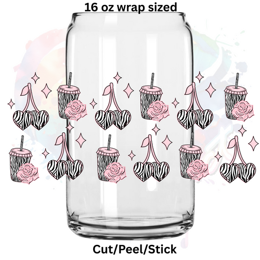 Zebra hearts and flowers UV  DTF 16 Oz wrap