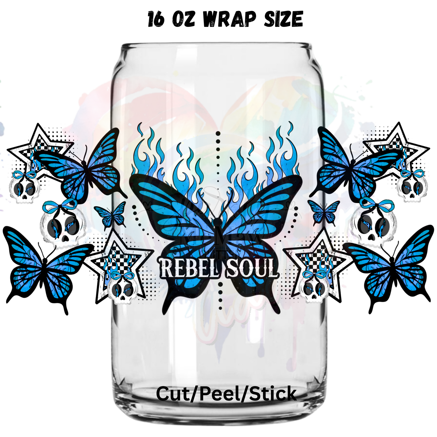 Rebel Soul Blue Butterfly  UV  DTF 16 Oz wrap