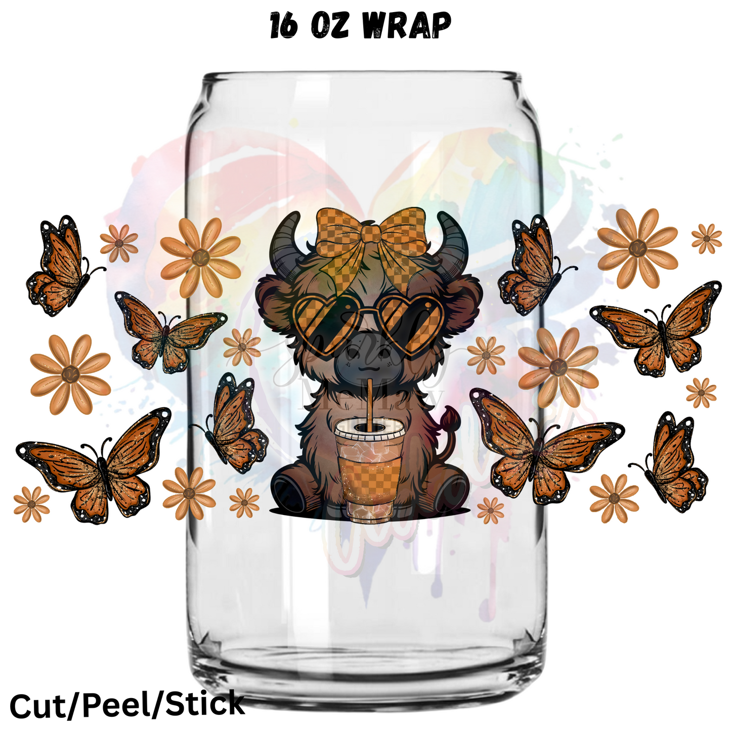 Butterfly Cow and plaid UV  DTF 16 Oz wrap