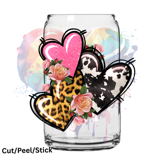 Pink Glitter Leopard Cowhide hearts UV DTF