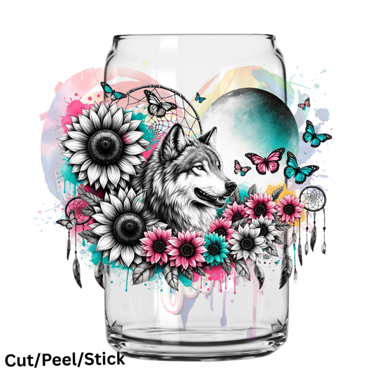 Wolf With Sunflowers and Dreamcatchers UV DTF XL Decal