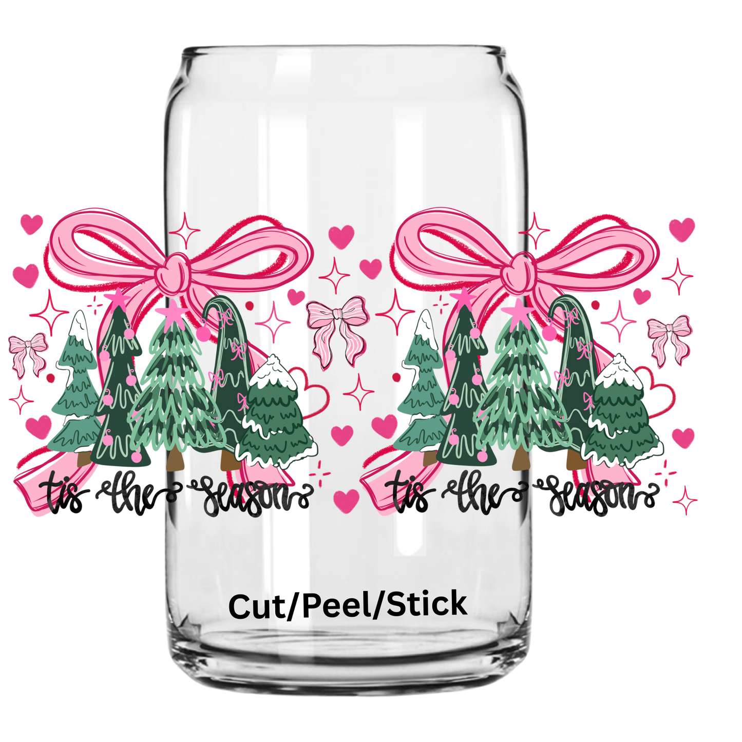 Tis The Season Pink Bow Trees 16 oz uv dtf wrap