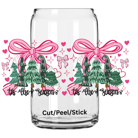 Tis The Season Pink Bow Trees 16 oz uv dtf wrap