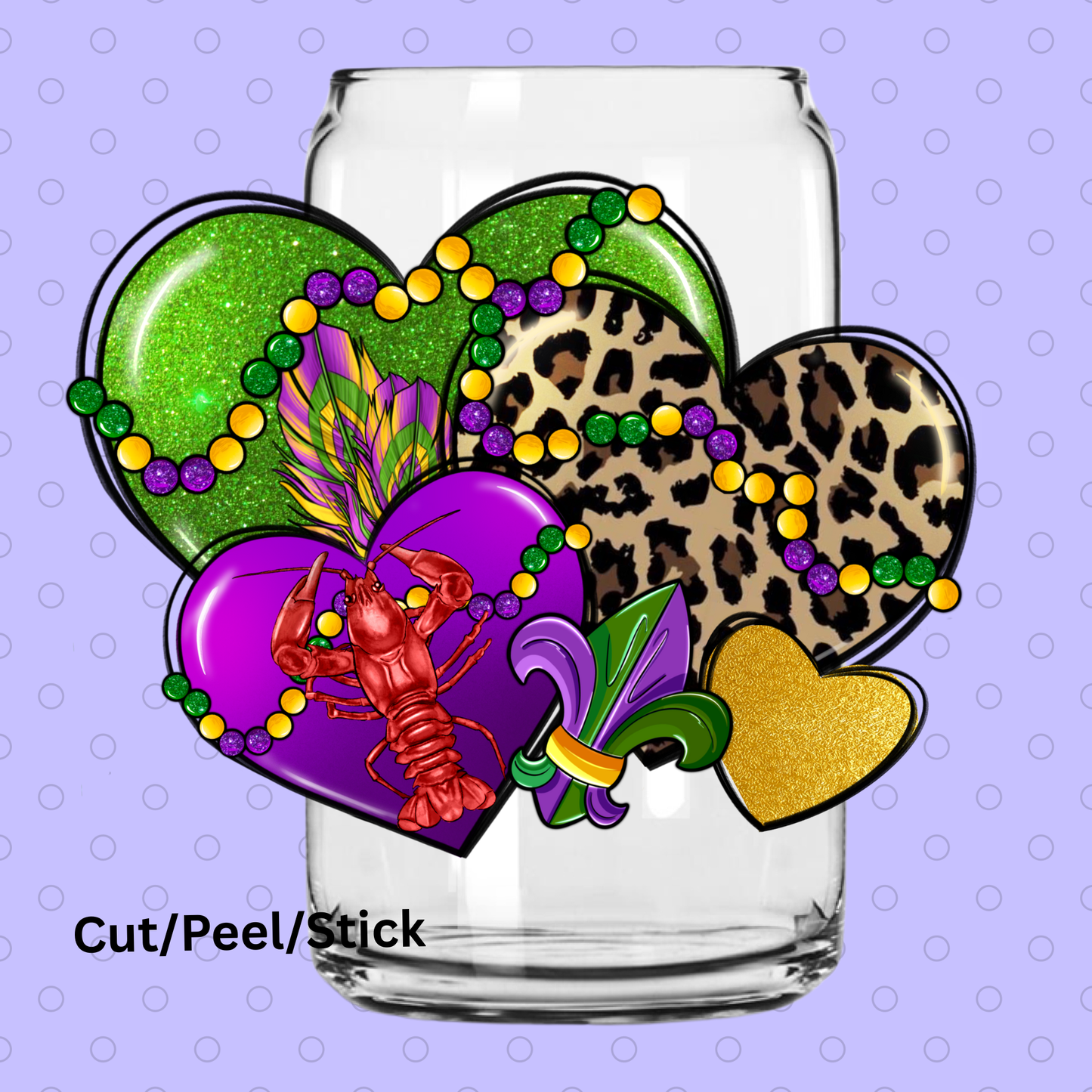 Mardi Gra Hearts UV DTF Decal