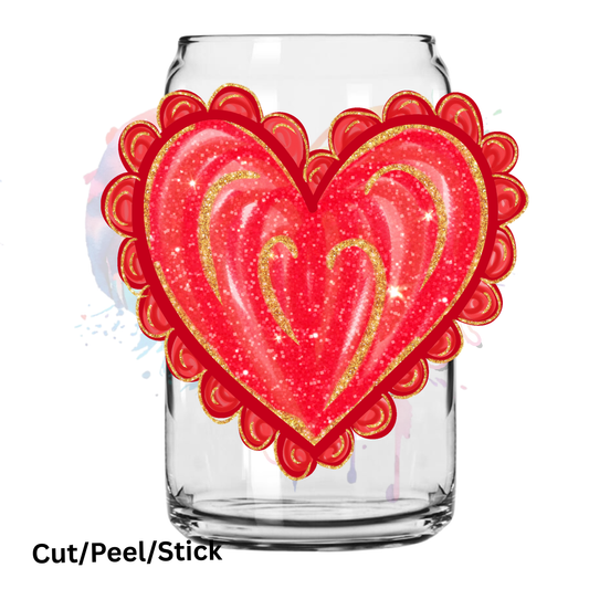 glitter valentine ruffle heart UV DTF Decal