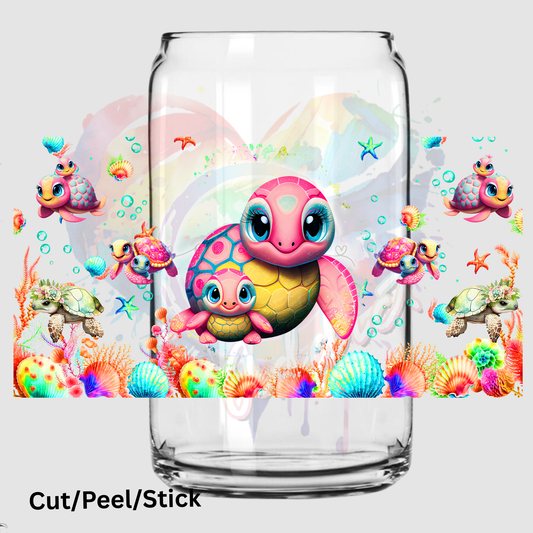 Pink mom and baby turtle UV DTF 16 oz Wrap