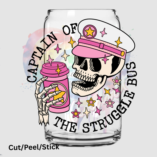 Captain of the Struggle Bus uv dtf decal (black writing)