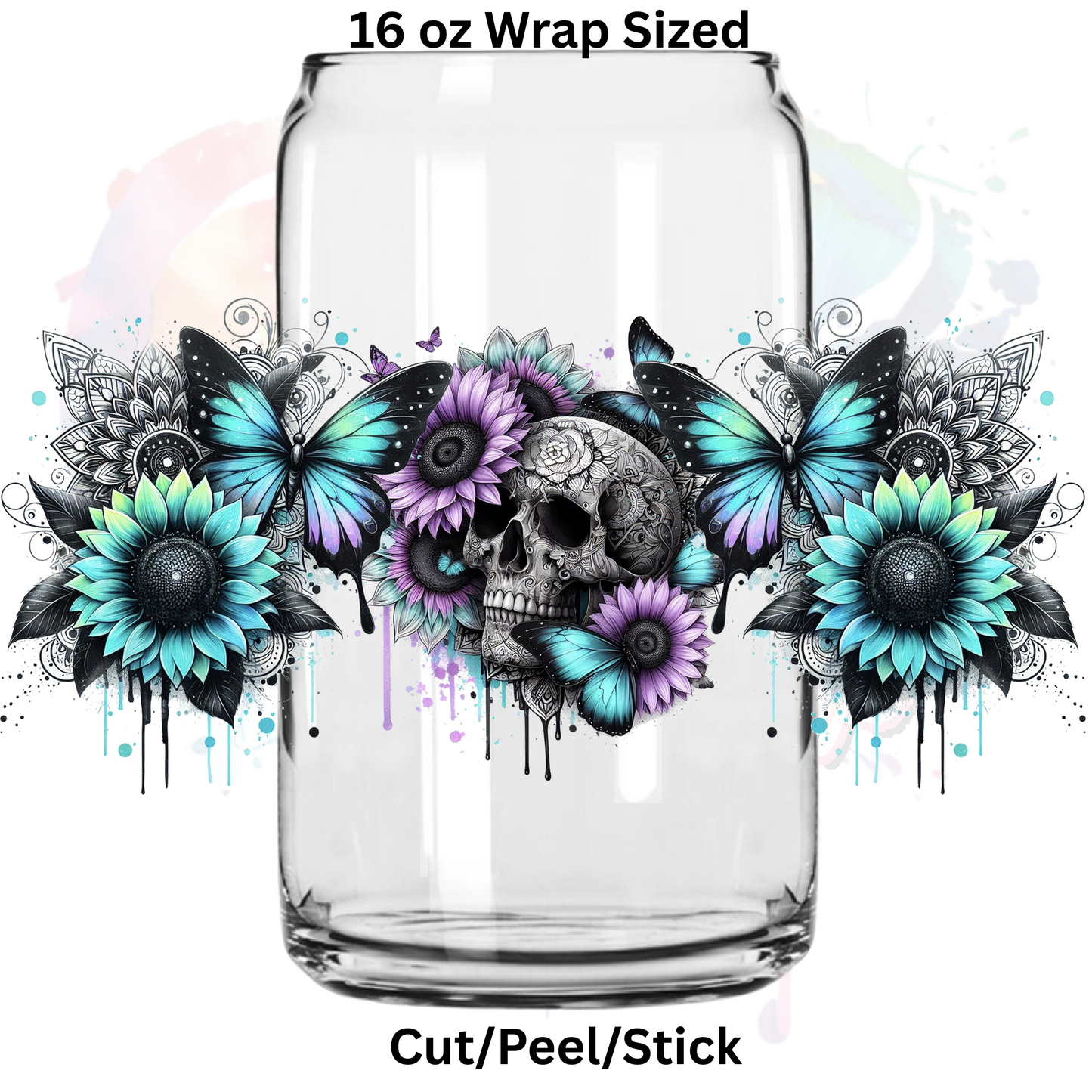 mandalla Skull floral UV  DTF 16 Oz wrap
