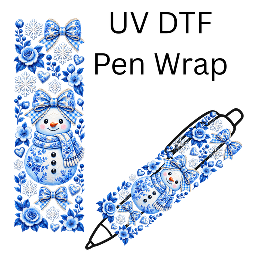 Blue Floral Snowman Sheet is a UV DTF Pen Wrap