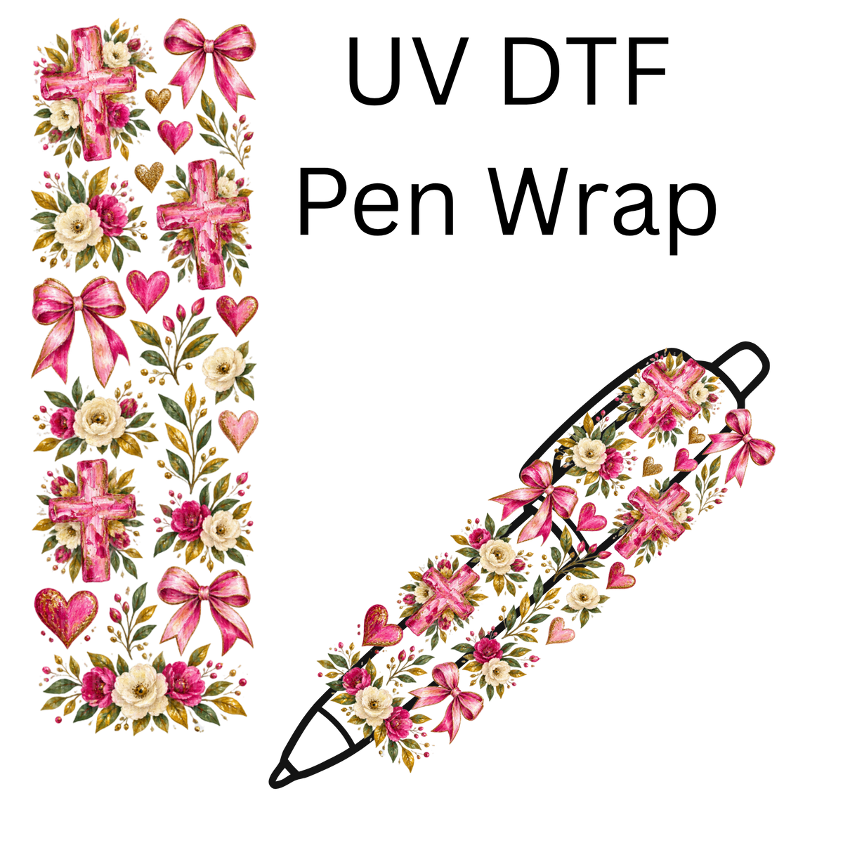 Pink Floral Cross Bow Elements UV DTF Pen Wrap