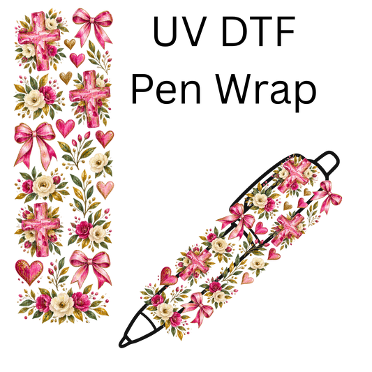 Pink Floral Cross Bow Elements UV DTF Pen Wrap