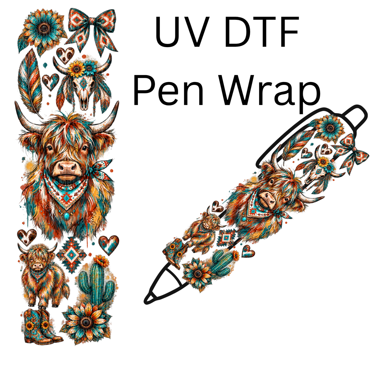 Boho Highland Cow UV DTF Pen Wrap