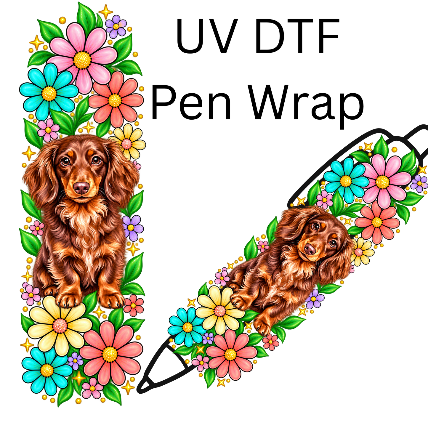 Red Dachshund Spring Flowers UV DTF Pen Wrap