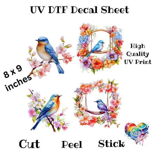 Vibrant Floral Birds UV DTF Decal Sheet