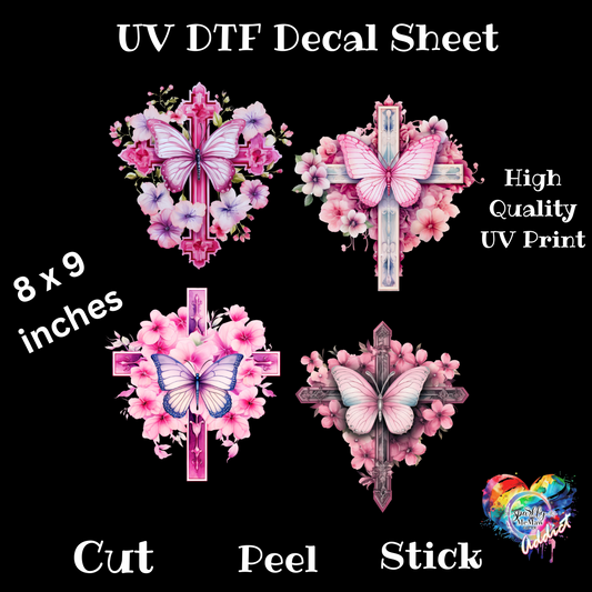 Pink Butterfly Cross UV DTF Decal Sheet