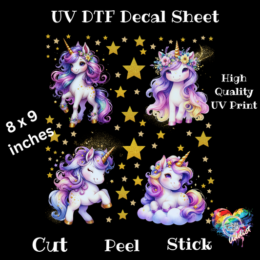 Golden Star Unicorn UV DTF Decal Sheet