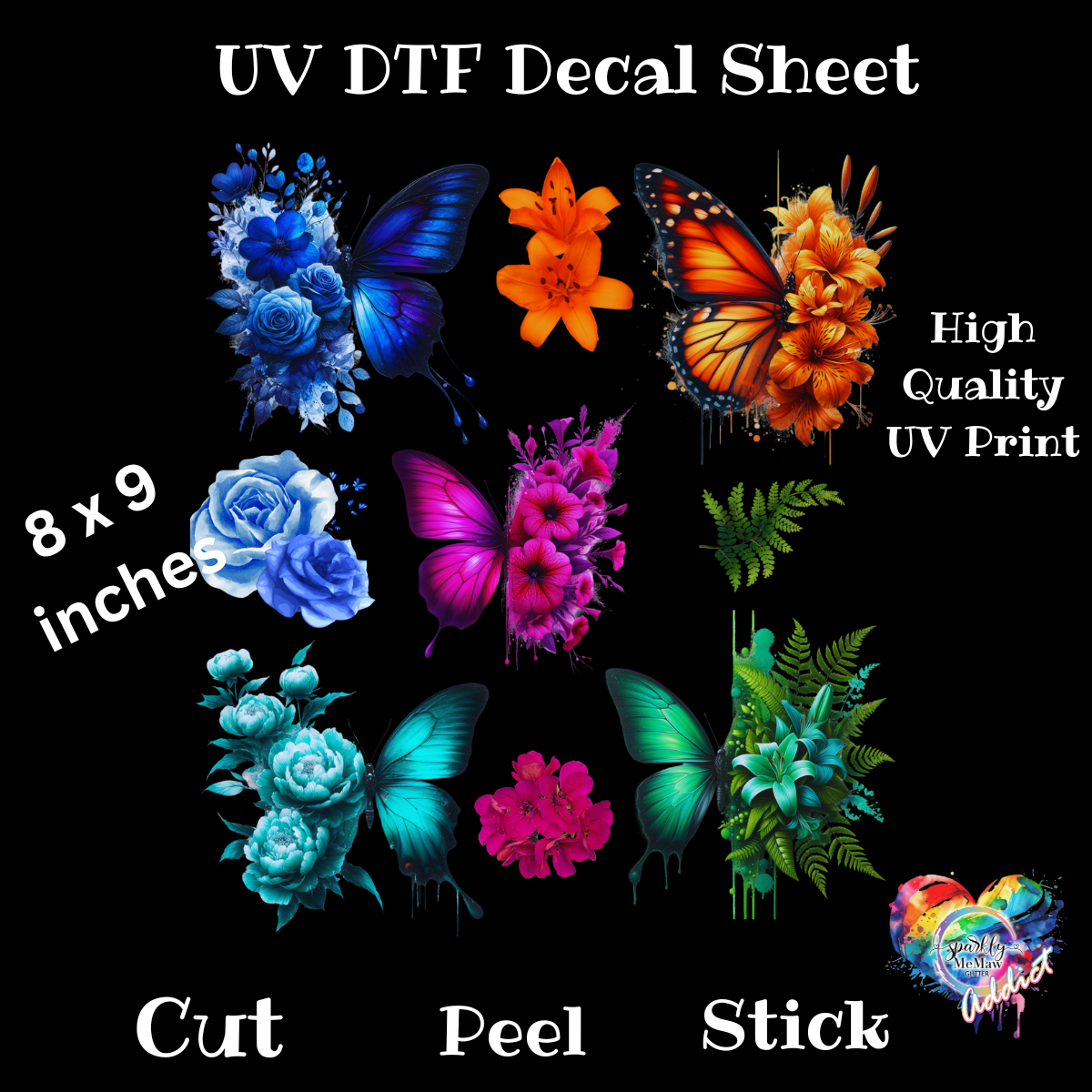Vibrant Floral. Butterflies UV DTF Decal Sheet