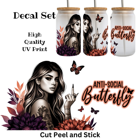 Anti Social Butterfly UV DTF Decal Set (16 oz wrap size)