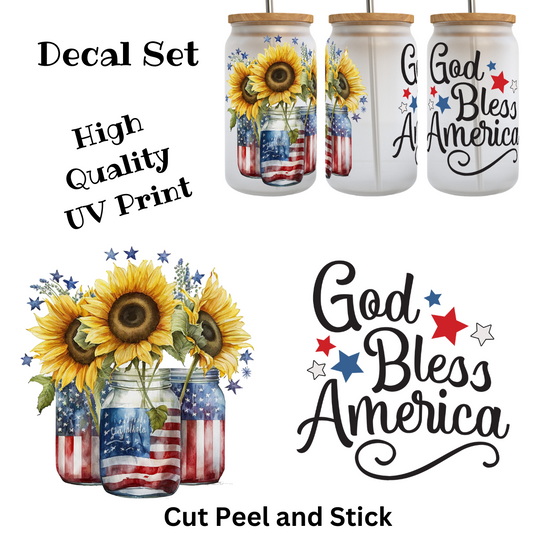 God Bless America Mason Jar UV DTF Decal Set (16 oz Wrap size)