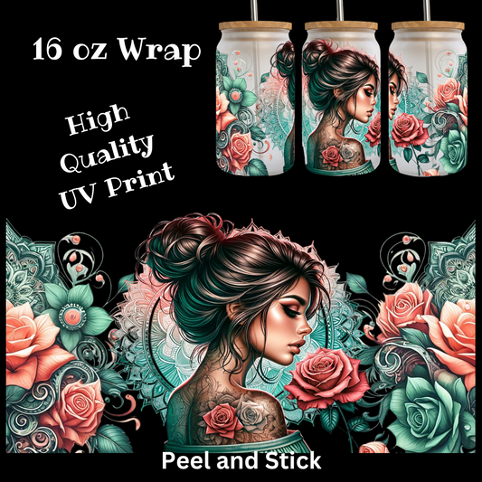 Girl With Roses and mandalas UV DTF Wrap