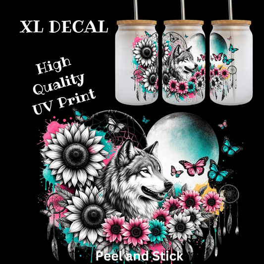 Wolf With Sunflowers and Dreamcatchers UV DTF XL Decal