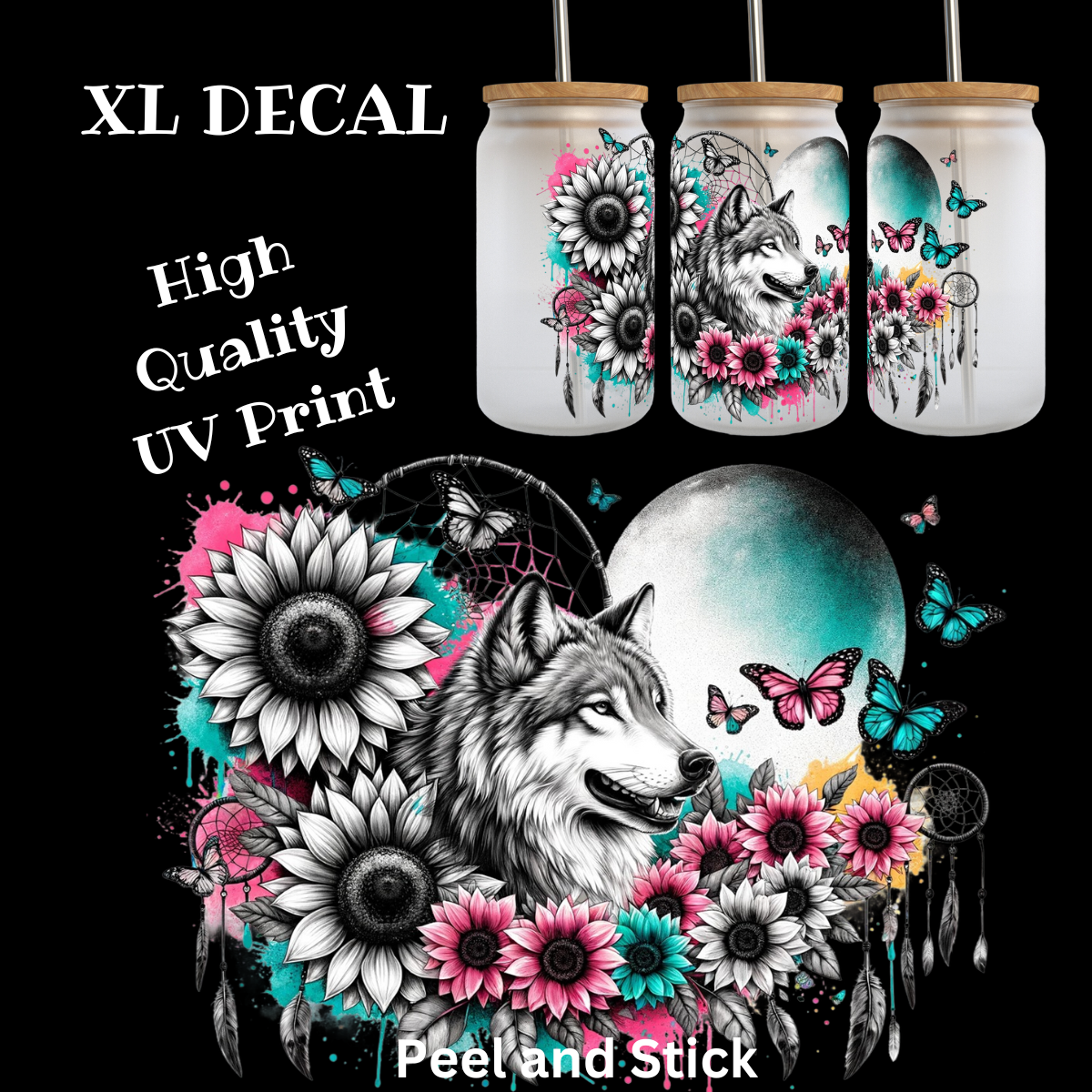 Wolf With Sunflowers and Dreamcatchers UV DTF XL Decal