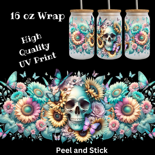 Skull with Sunflowers and Butterflies UV DTF Wrap