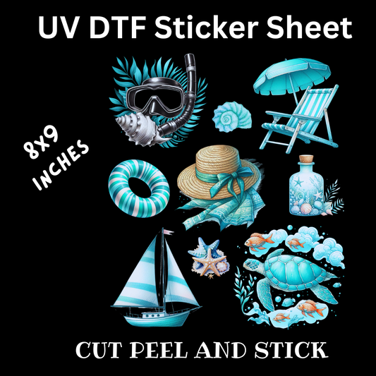 Blue Beach UV DTF Decal Sticker Sheet  8x9 inches