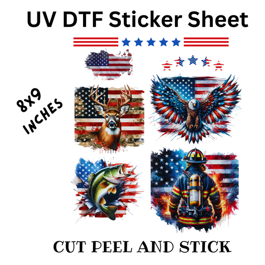 USA Flag UV DTF Decal Sticker Sheet 8x9 inches