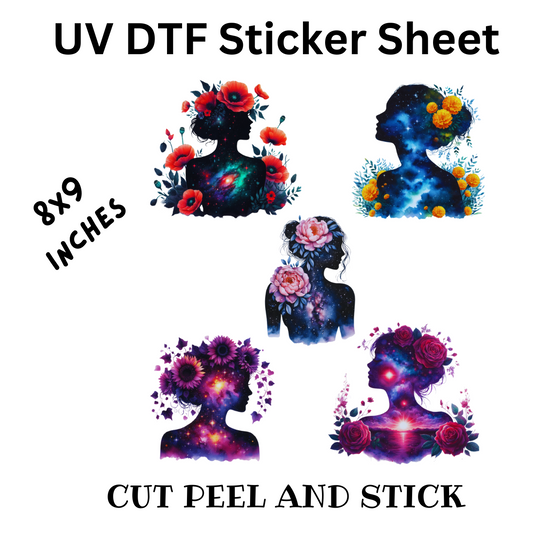 Floral Lady UV DTF Decal Sticker Sheet  8x9 inches