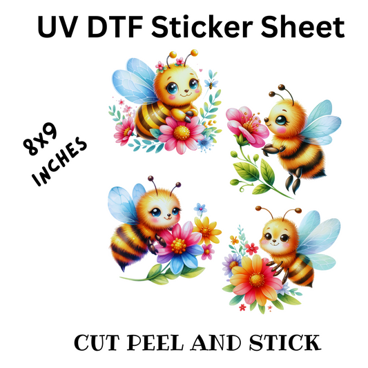 Floral Bee UV DTF Decal Sticker Sheet 8x9 inches