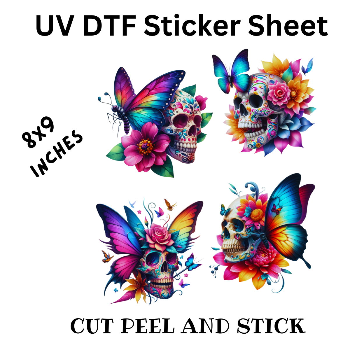 Vibrant Floral Skull UV DTF Decal Sticker Sheet 8x9 inches