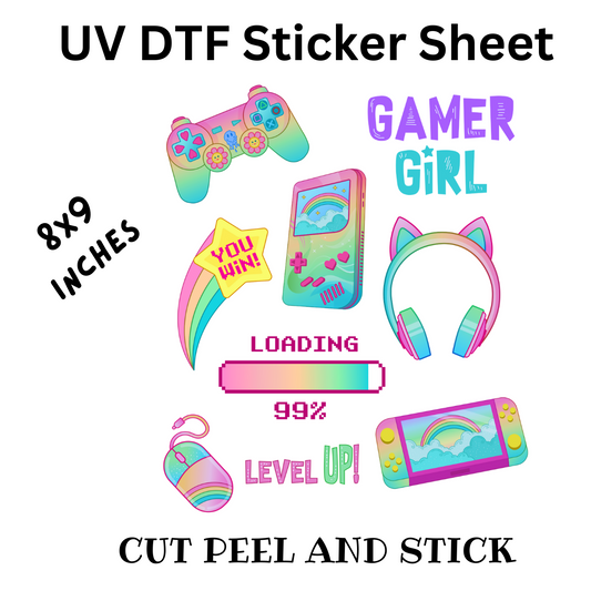 Gamer Girl UV DTF Decal Sticker Sheet 8x9 inches