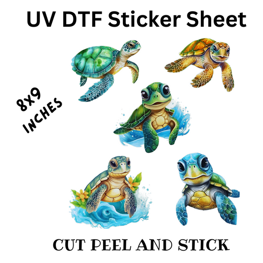 Cute Sea Turtle UV DTF Decal Sticker Sheet 8x9 inches