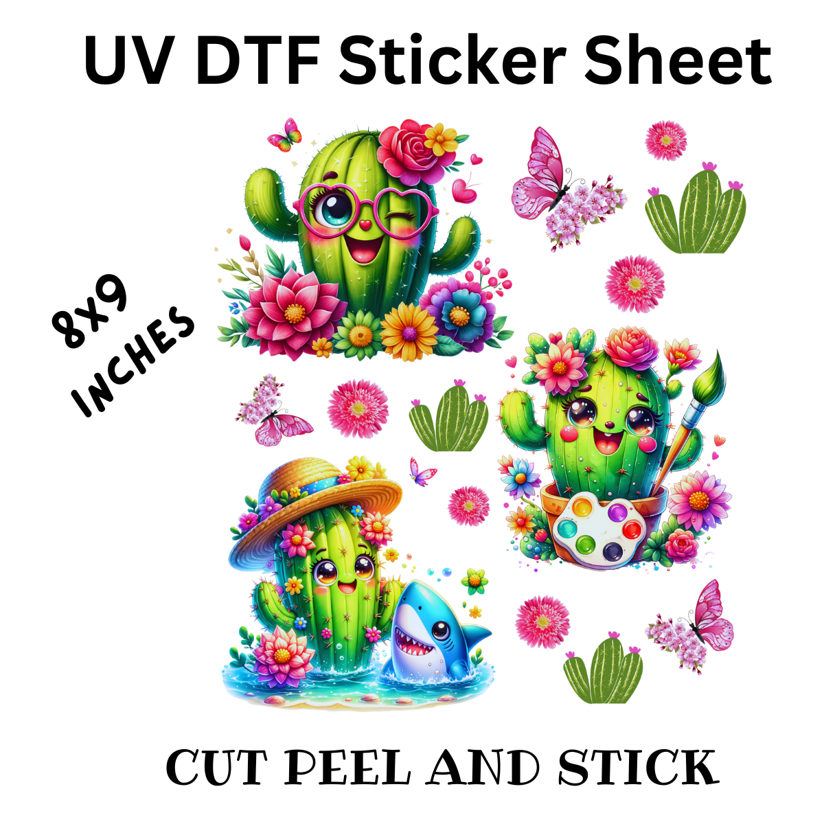 Fun Cactus UV DTF Decal Sticker Sheet 8x9 inches