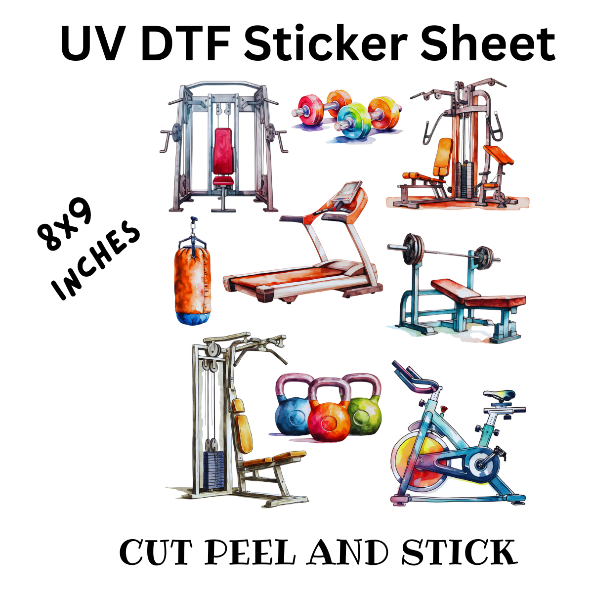 Gym UV DTF Decal Sticker Sheet 8x9 inches