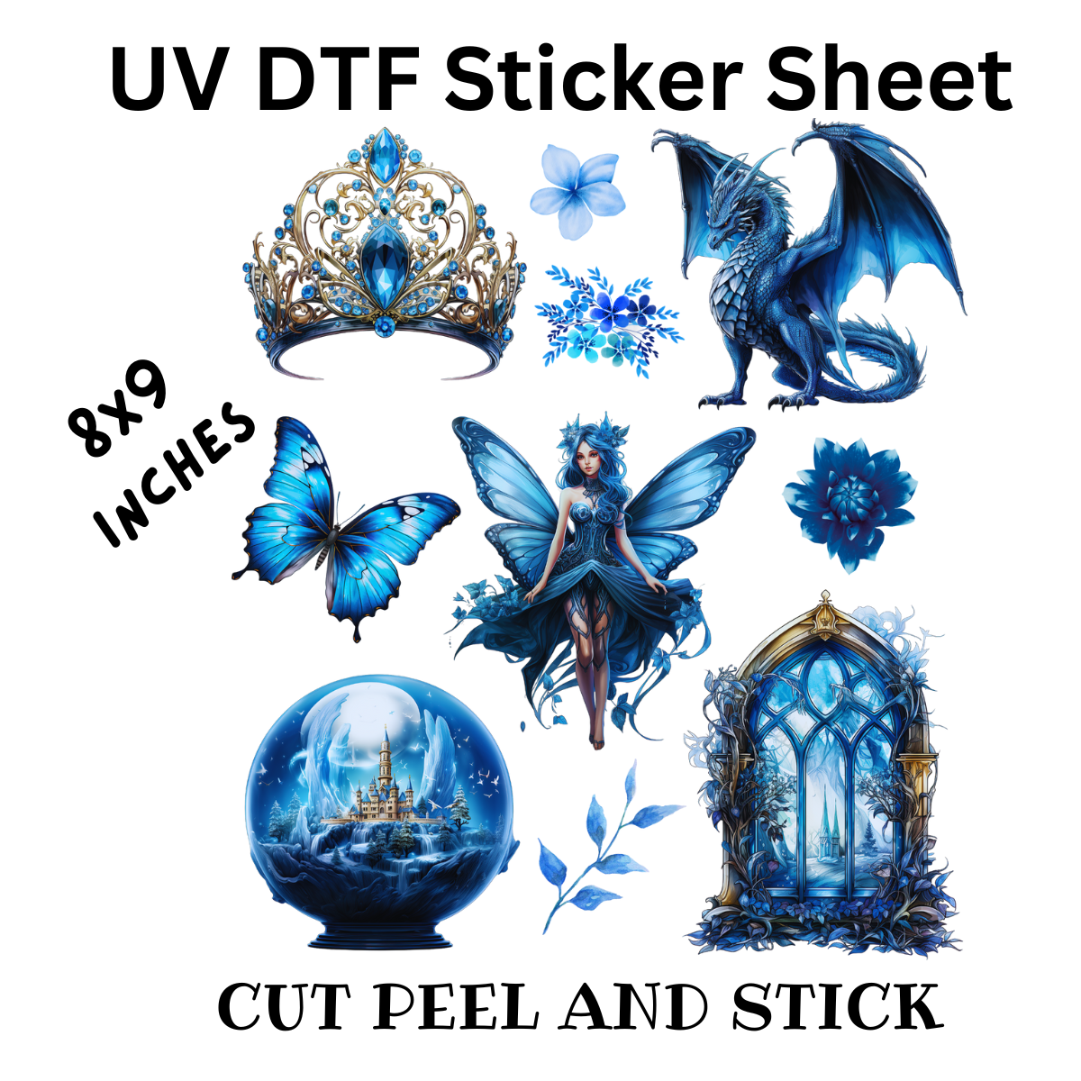 Blue and Magical UV DTF Decal Sticker Sheet 8x9 inches