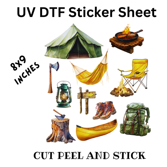 Camping UV DTF Decal Sticker Sheet 8x9 inches