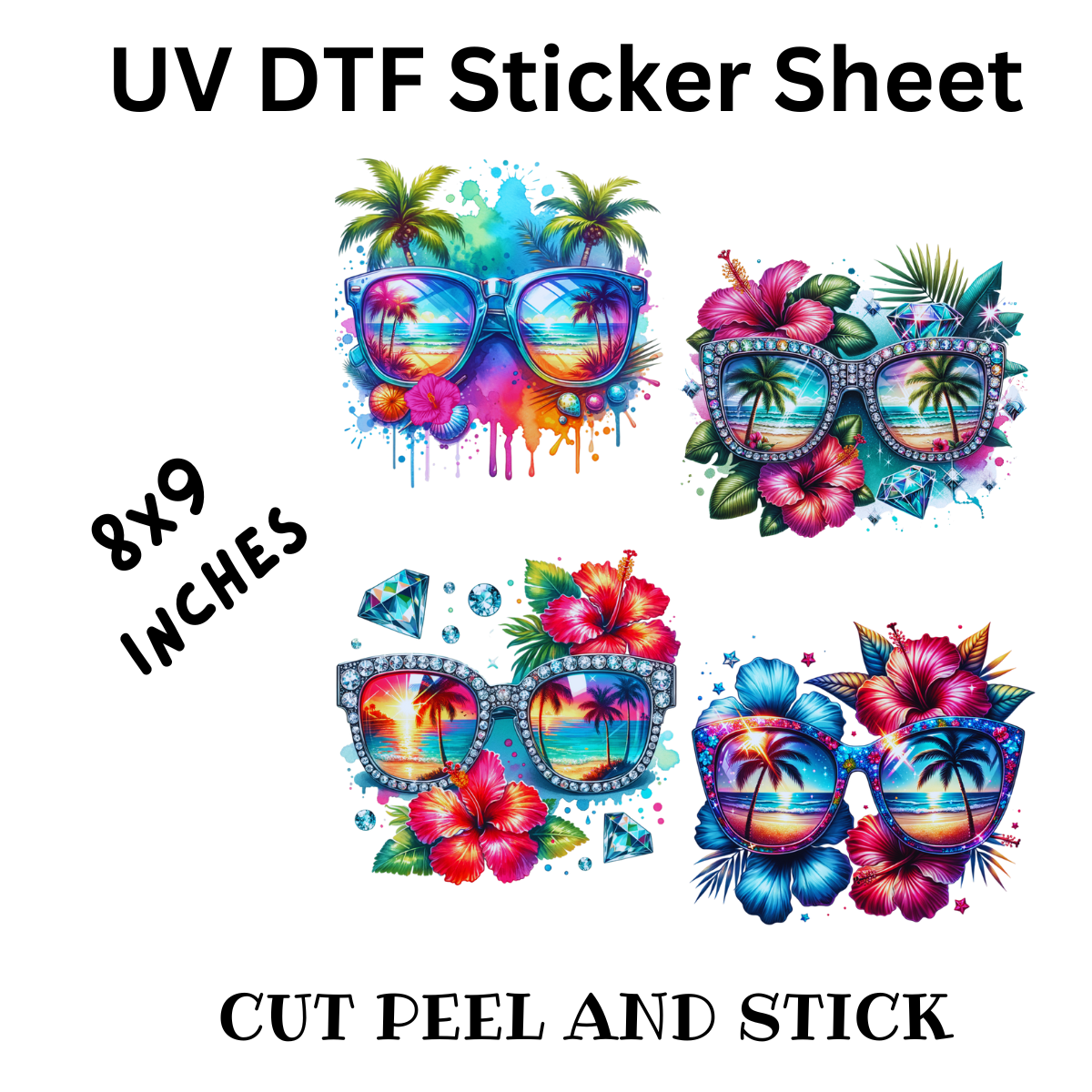 Sunny Shades UV DTF Decal Sticker Sheet 8x9 inches