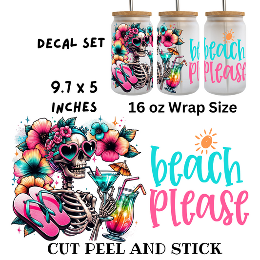 Beach Please Skeleton Uv DTF Decal Set (16 oz Wrap size)