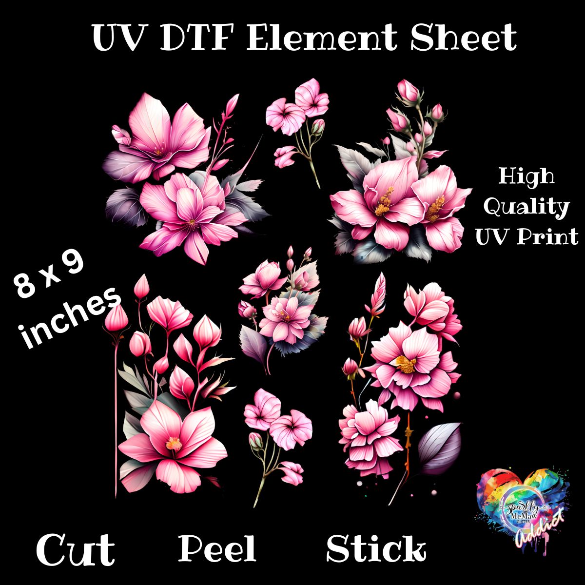 Pink Flowers UV DTF element Sheet