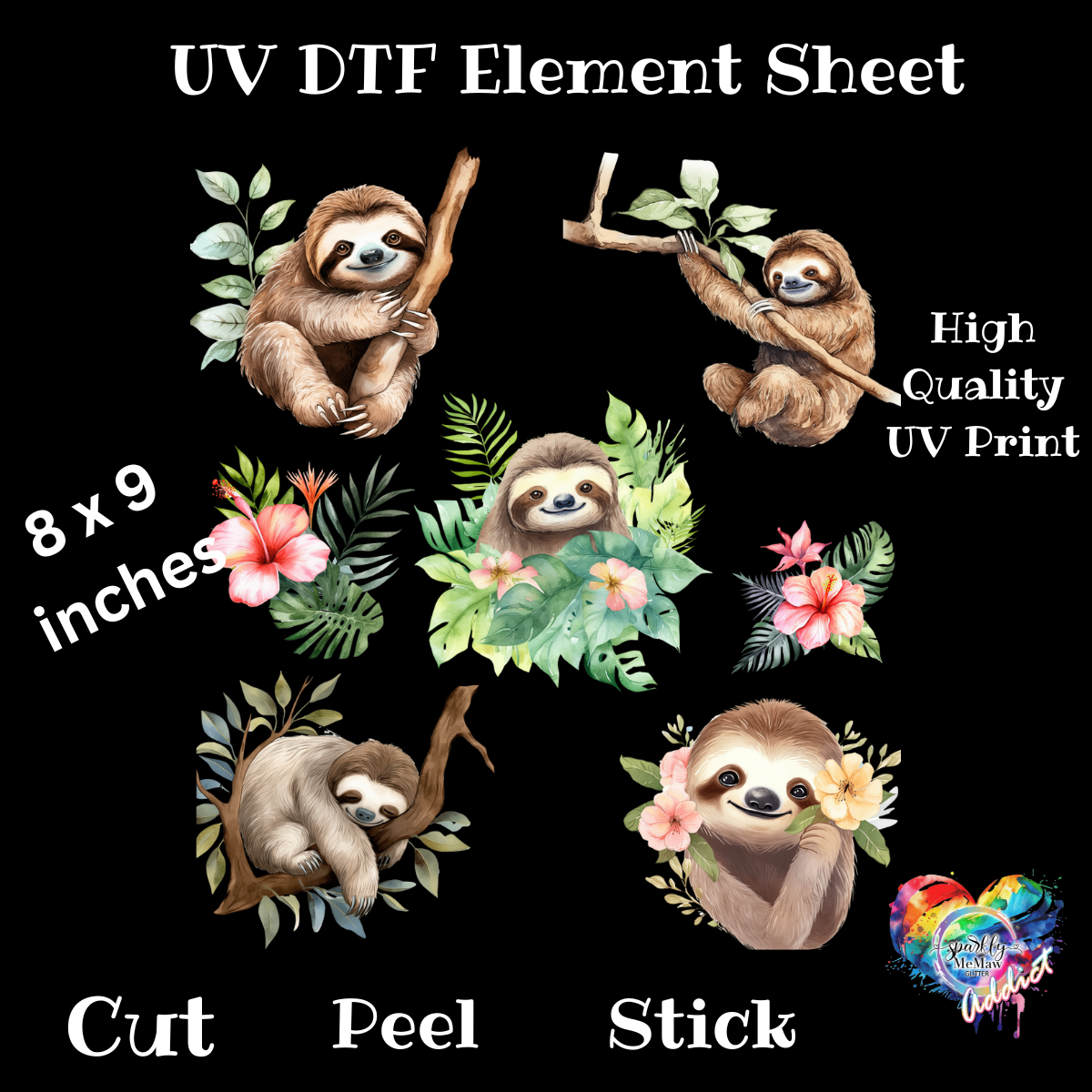 Sloth UV DTF Element sheet 8x9 inches